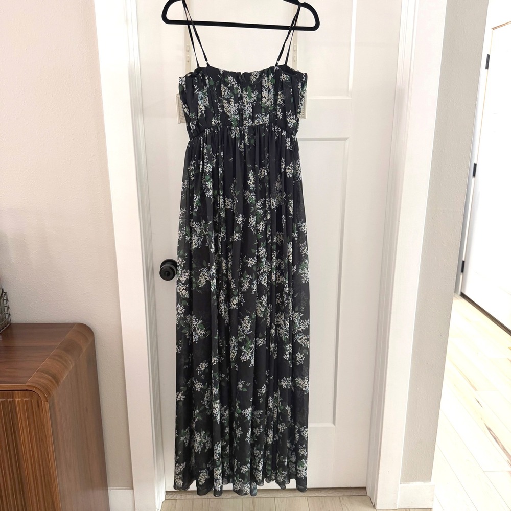 Sau Lee Georgina Ditsy Floral Gown Black Chiffon Pleated Bustier Maxi Dress Sz 4 - Picture 2 of 13